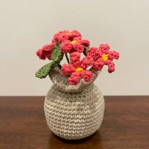 Handmade Crochet Mini Red Clover Vase Set Desk Decor Shamrock Decor Cute Gift